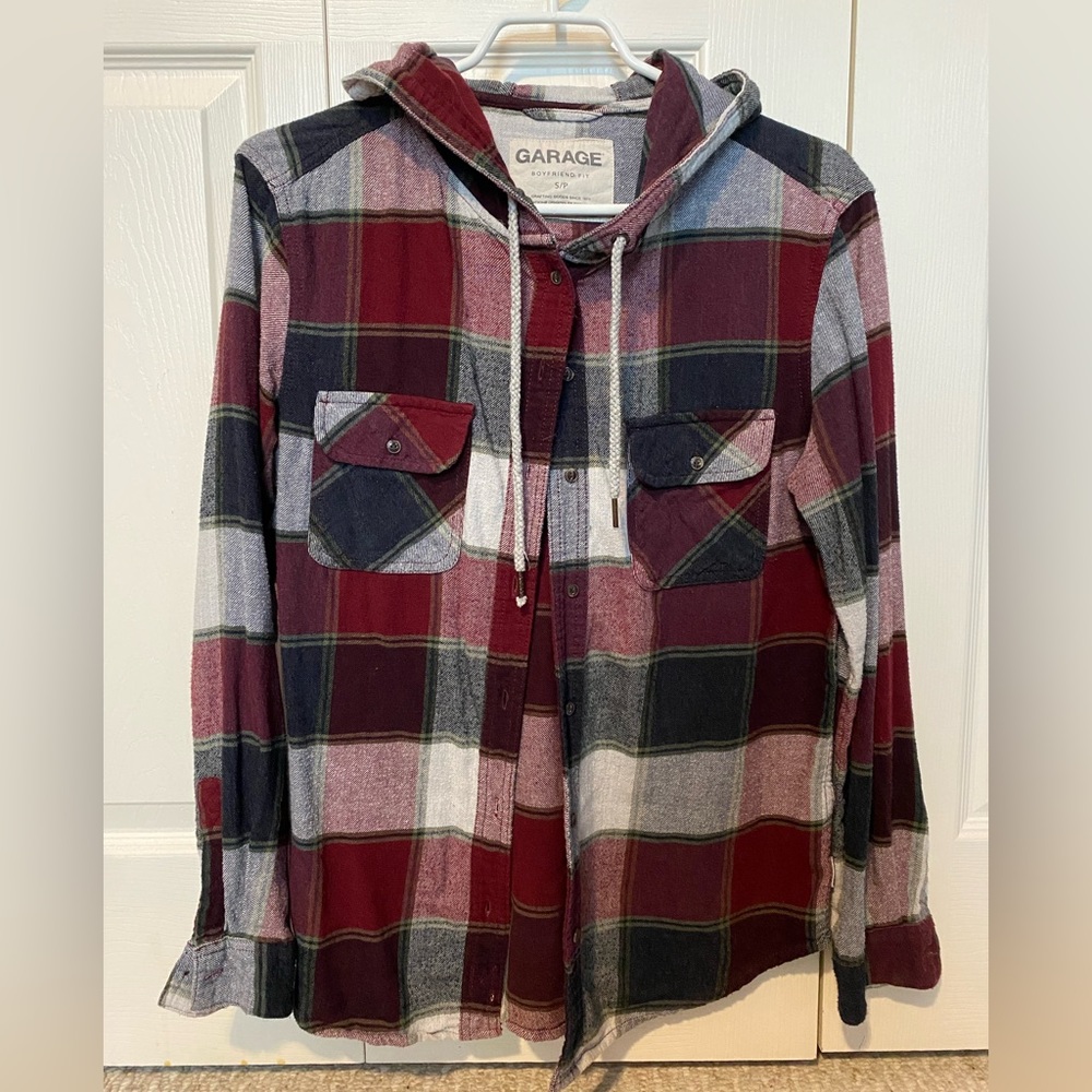 Garage Red Plaid Hooded Button-Up